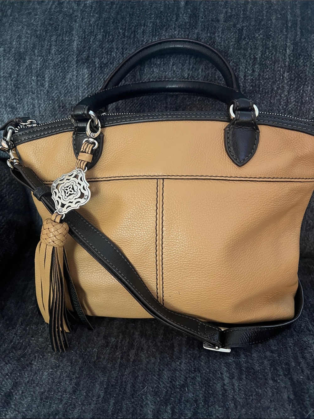 Brighton Tan and Black Leather Tote Bag with Tassel Charm